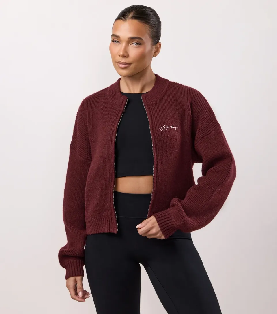 Women's Burgundy Rib Knit Zip Jacket