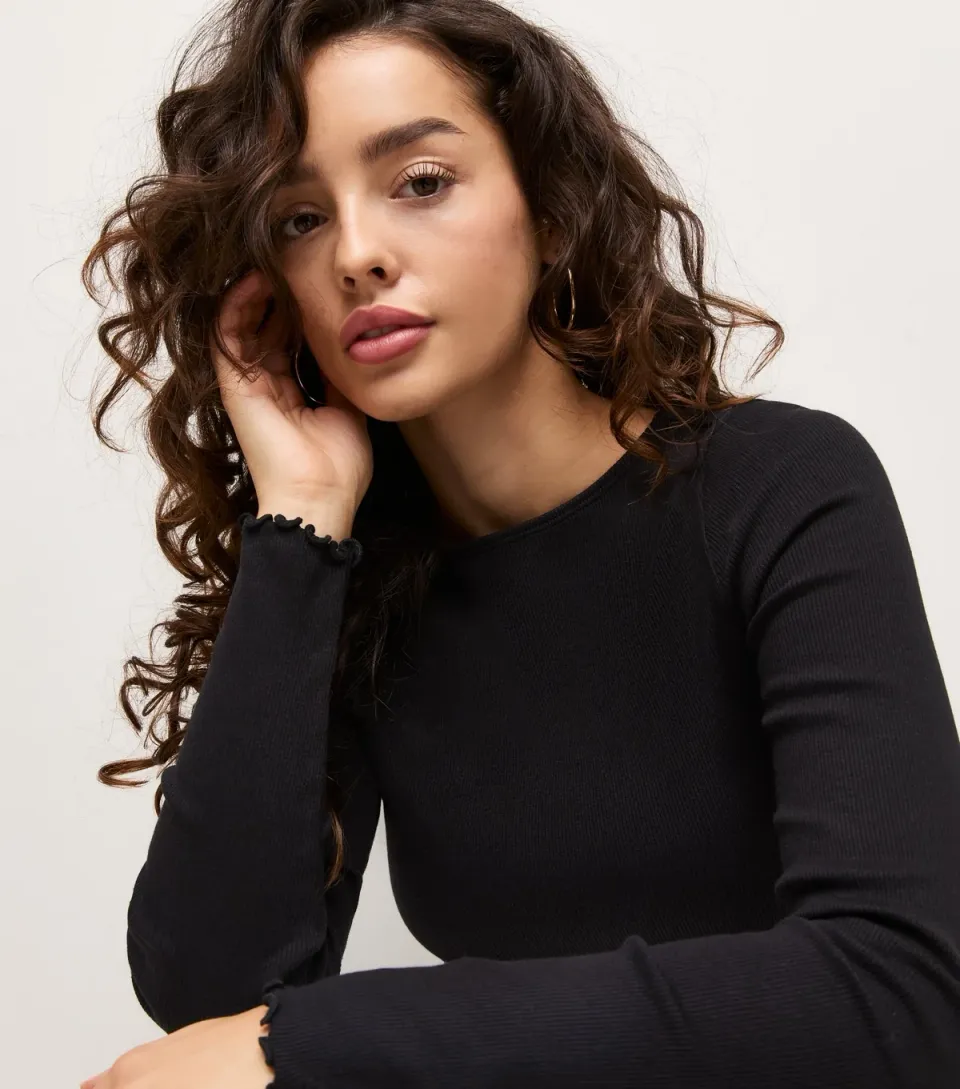 Women's Petite Black Long Sleeve Babylock Top