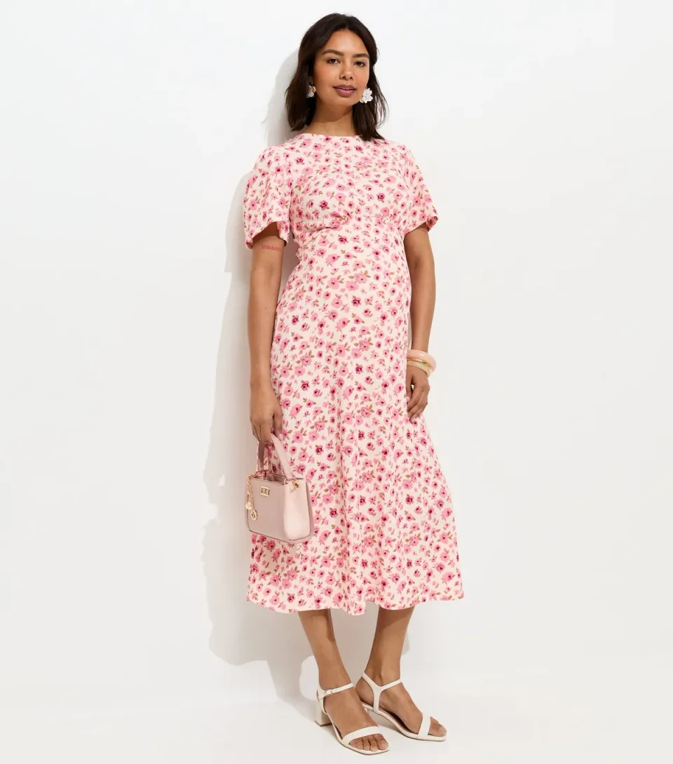 Women's Maternity Pink Floral Print Short Sleeve Midi Dress