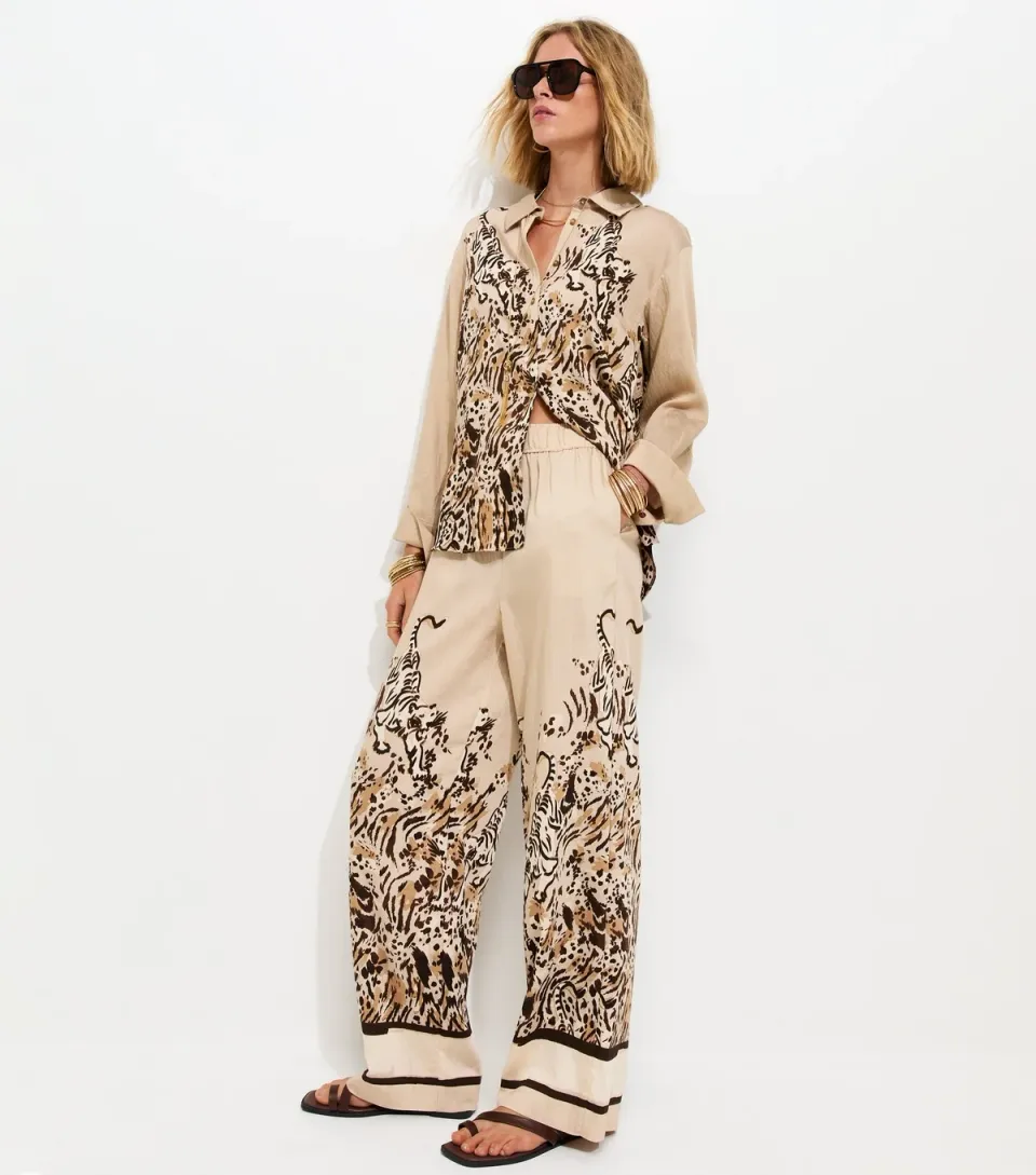 Women's Brown Tiger Print Wide Leg Trousers