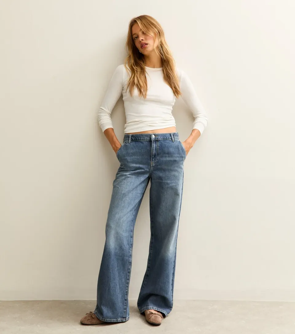 Women's Blue Mid-Rise Elasticated Waist Wide Leg Jeans