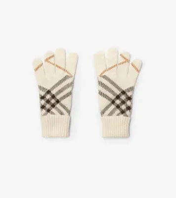 Check Cashmere Blend Gloves in Pebble white