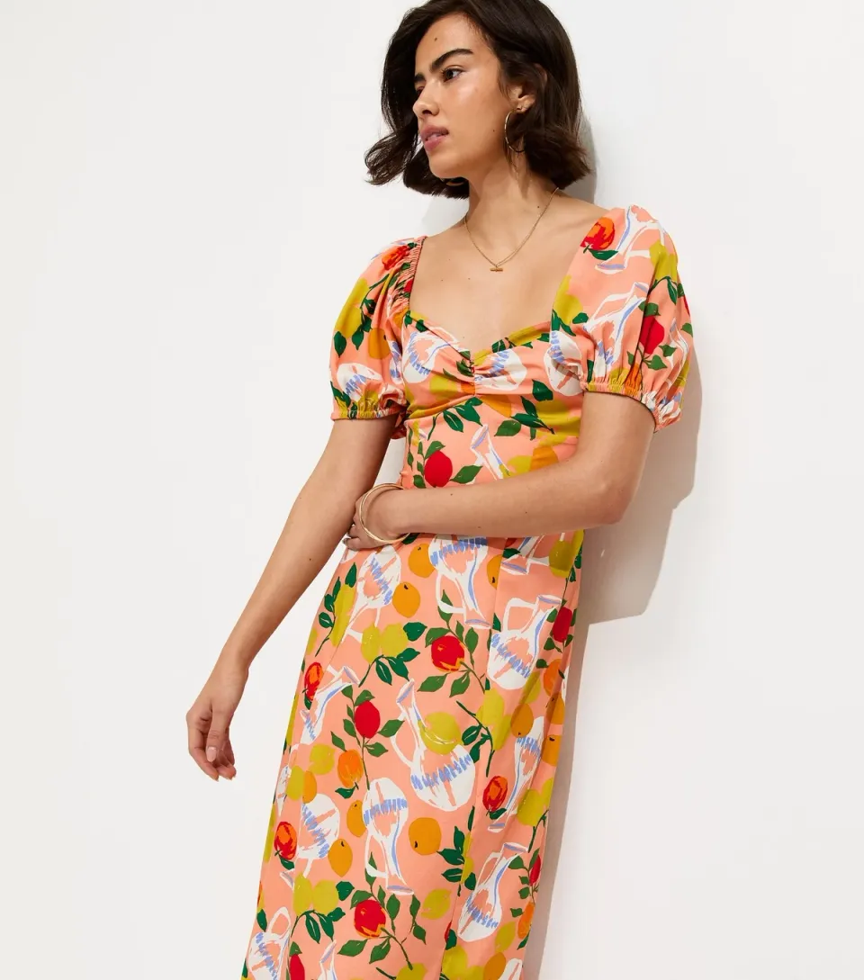Women's Pink Fruit Print Crepe Midi Dress