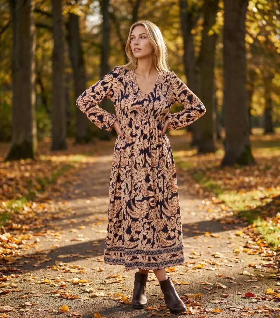 Women's Navy Boho Floral Print Dress
