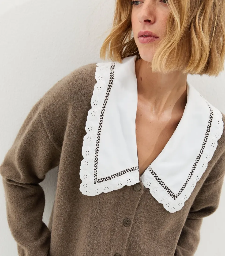 Women's Dark Mink Embroidered Collar Knit Cardigan