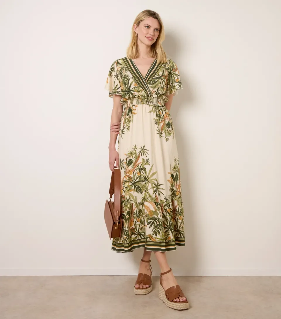 Women's Green Tropical Print Midi Dress