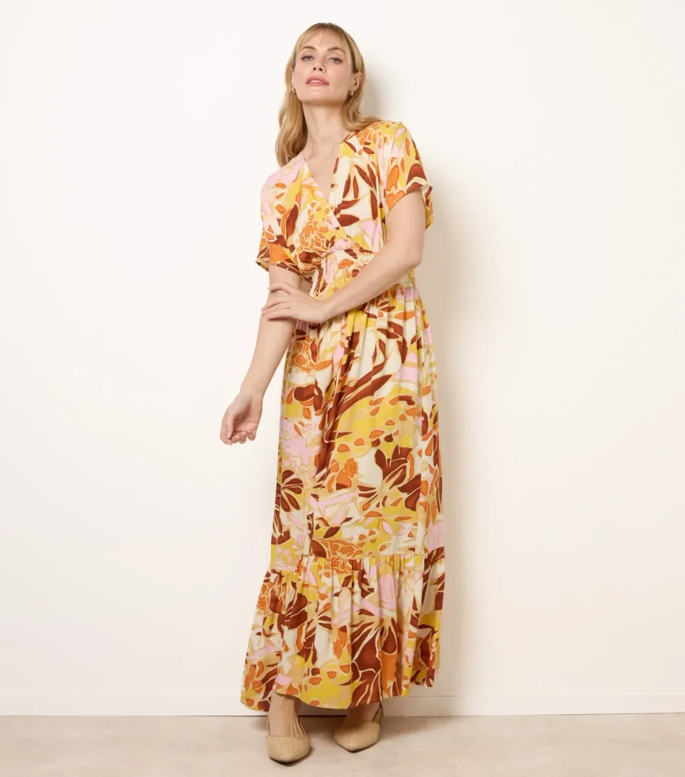 Women's Multicoloured Printed V-Neck Midi Dress