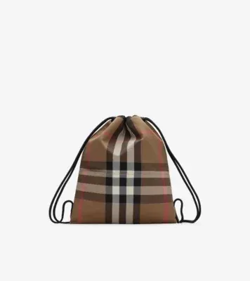 Check Cotton Drawcord Backpack in Taupe brown