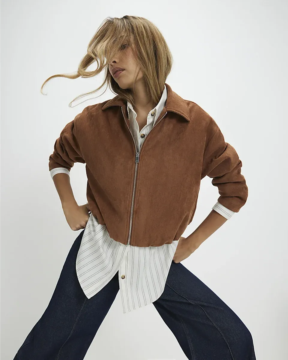 Faux Suede Bubble Hem Bomber Jacket