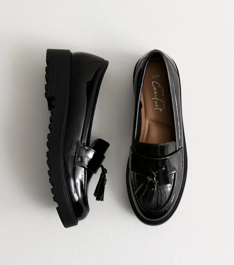 Women's Black Tasseled Faux Patent Leather Chunky Loafers