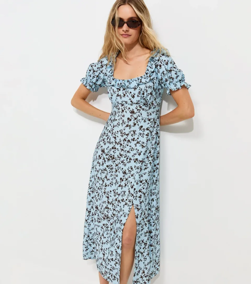 Women's Blue Floral Square Neck Midi Tea Dress