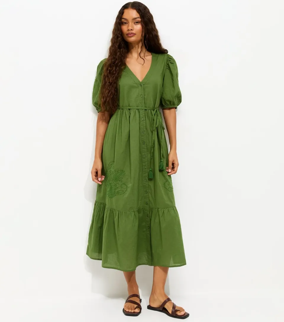 Women's Petite Bright Green Floral Embroidered Smock Shirt Dress