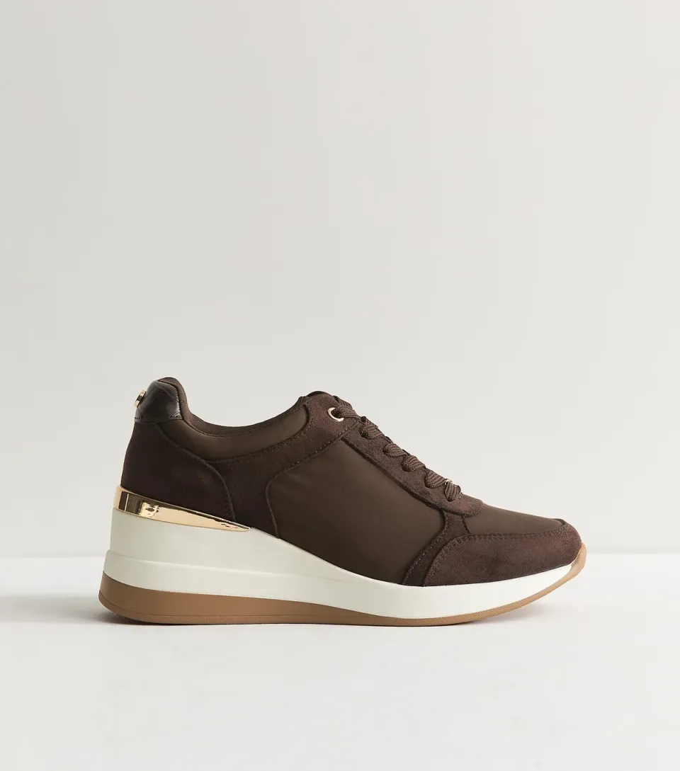Women's Dark Brown Faux Suede Wedge Heel Lace Up Trainers Vegan