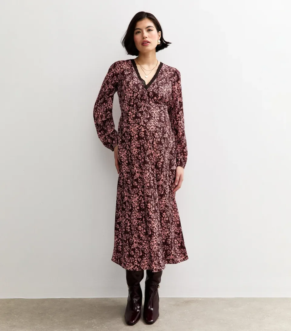 Women's Maternity Burgundy Floral Lace Trim Midi Dress