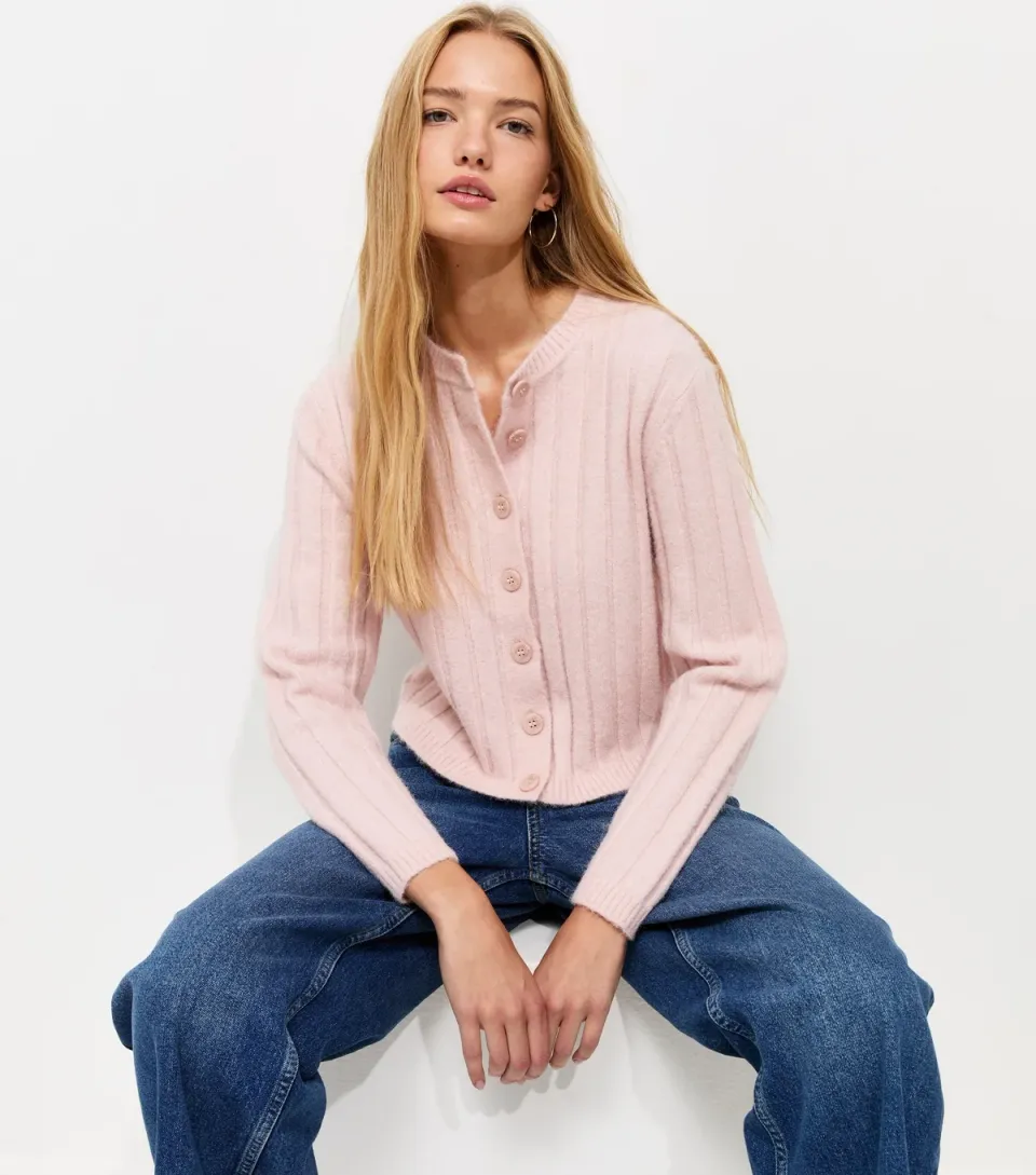 Women's Light Pink Wide Rib Meet The Jean Cardigan