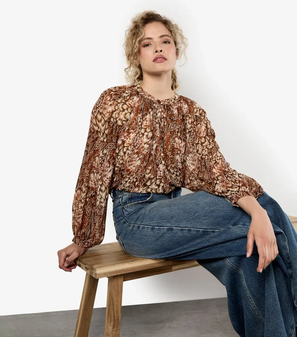 Women's Rust Patchwork Feather Print Chiffon Top