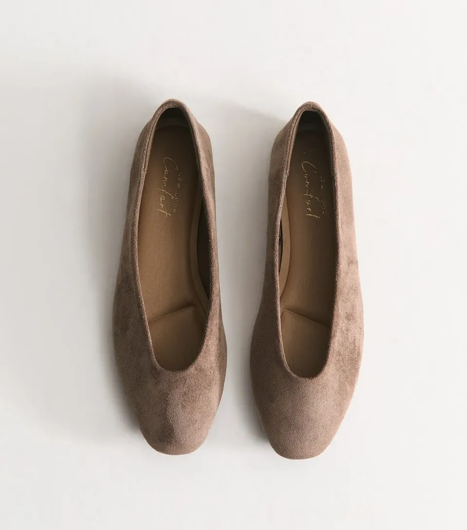 Women's Light Brown Faux Suede Almond Toe Ballerina Flats Vegan