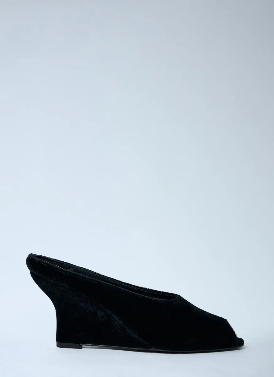 Velvet Peep-Toe Wedge Mules