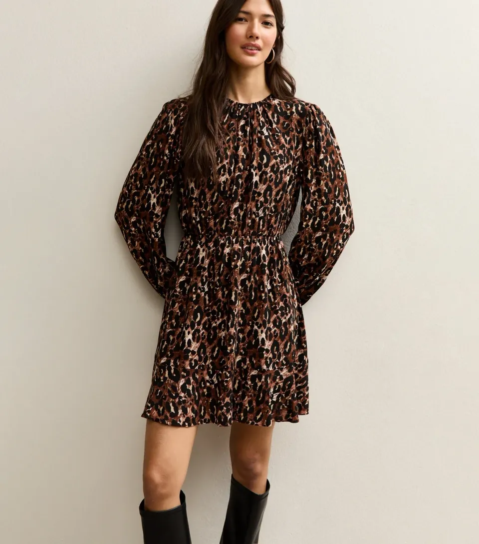Women's Brown Animal Print Flared Hem Mini Dress