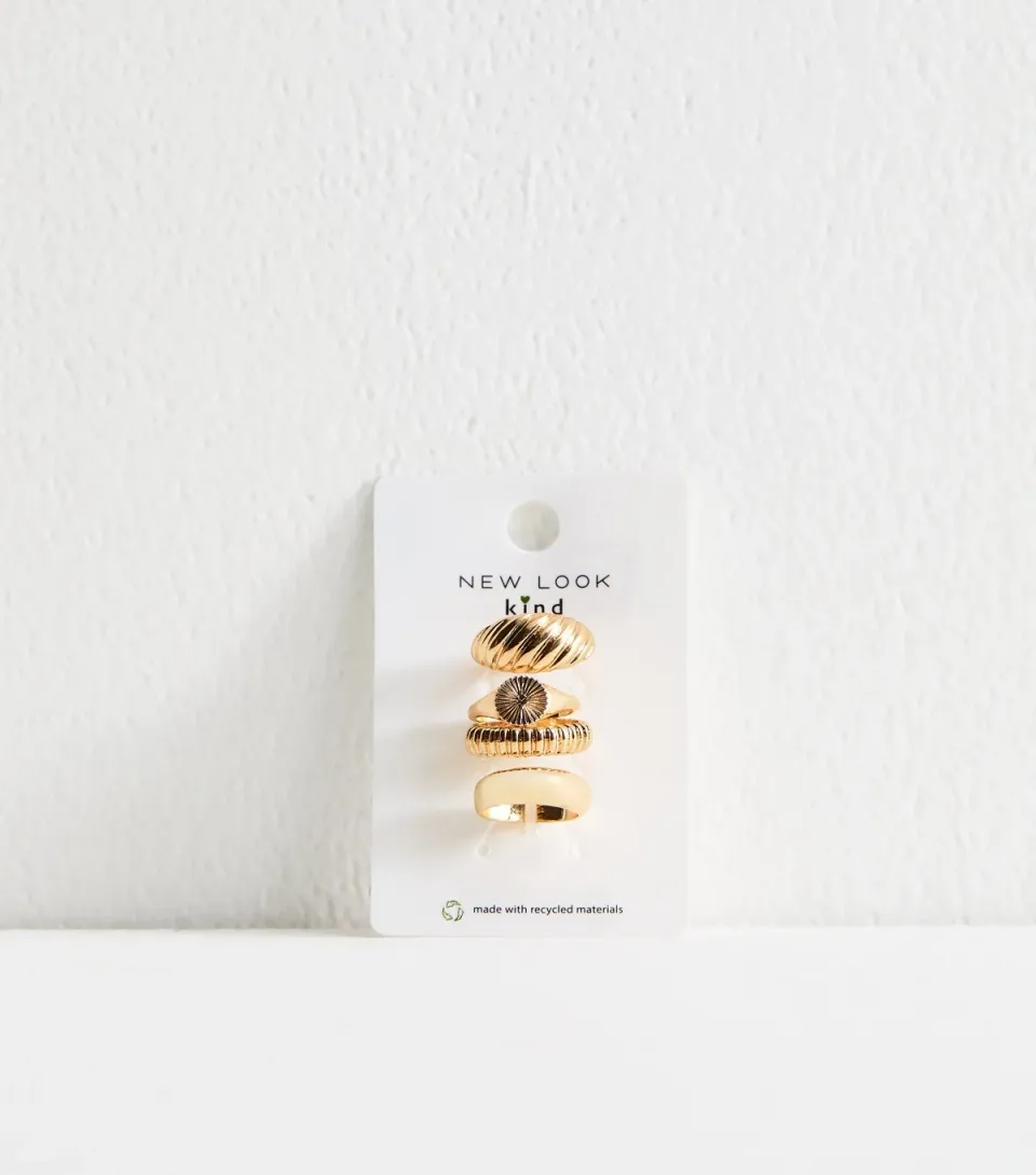 Gold Tone Pack of 4 Chunky Twist Signet Rings