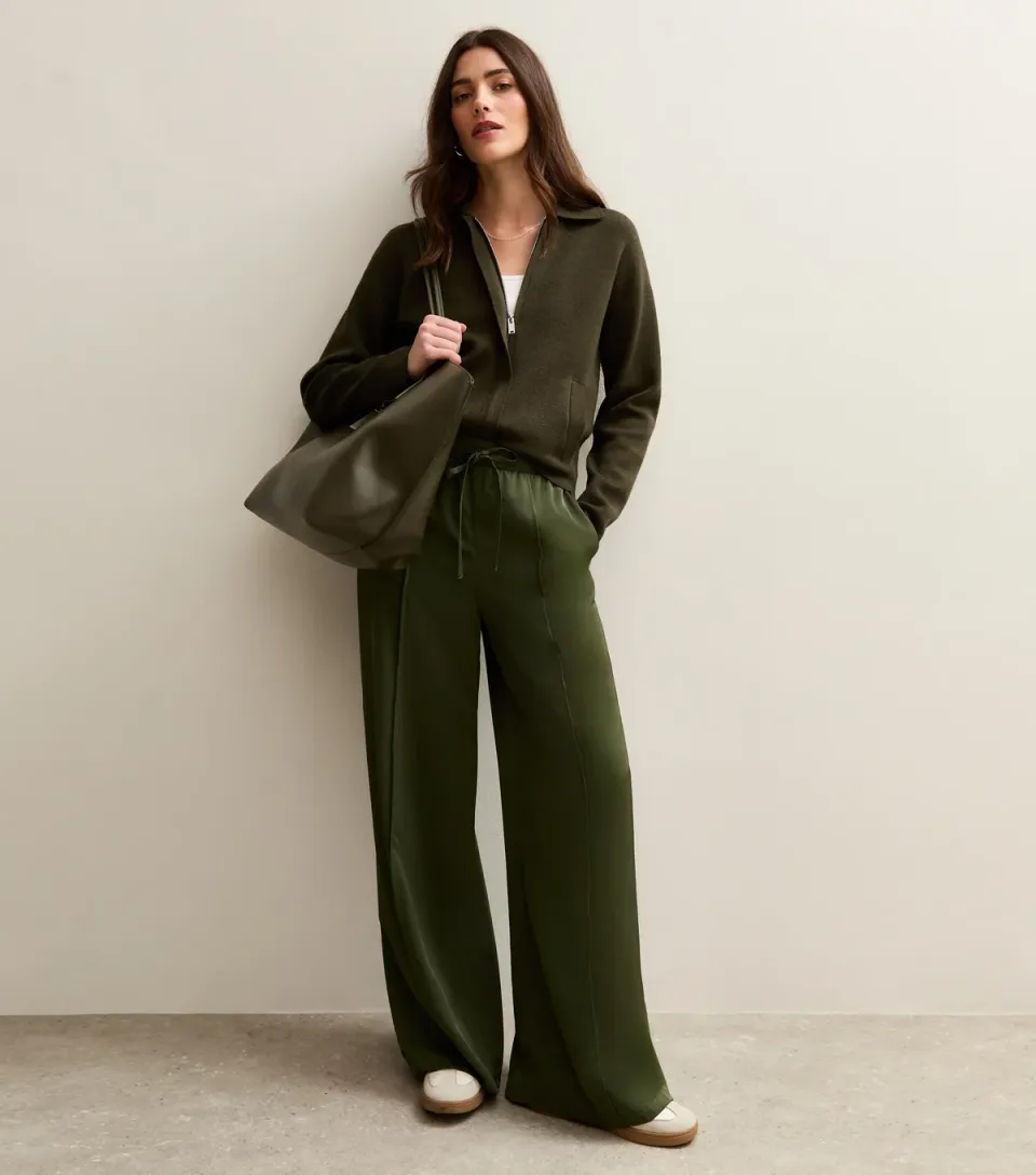 Women's Burgundy Satin Drawstring Waist Wide Leg Trousers