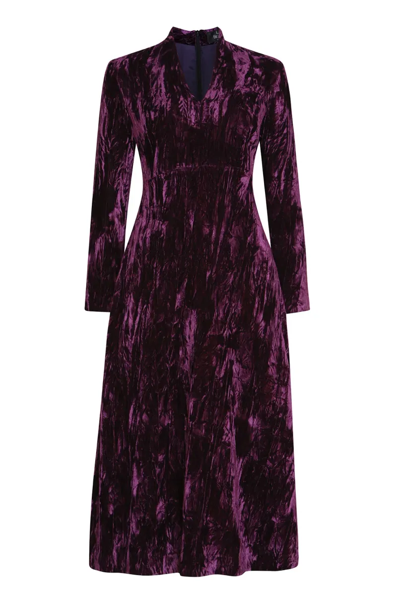 Long-Sleeved Dress with A-Line Skirt in Aubergine Crushed Velvet - Emilia