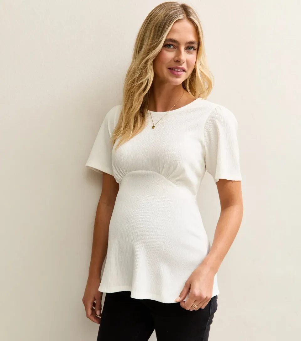 Women's Maternity White Textured Jersey Half Moon Top