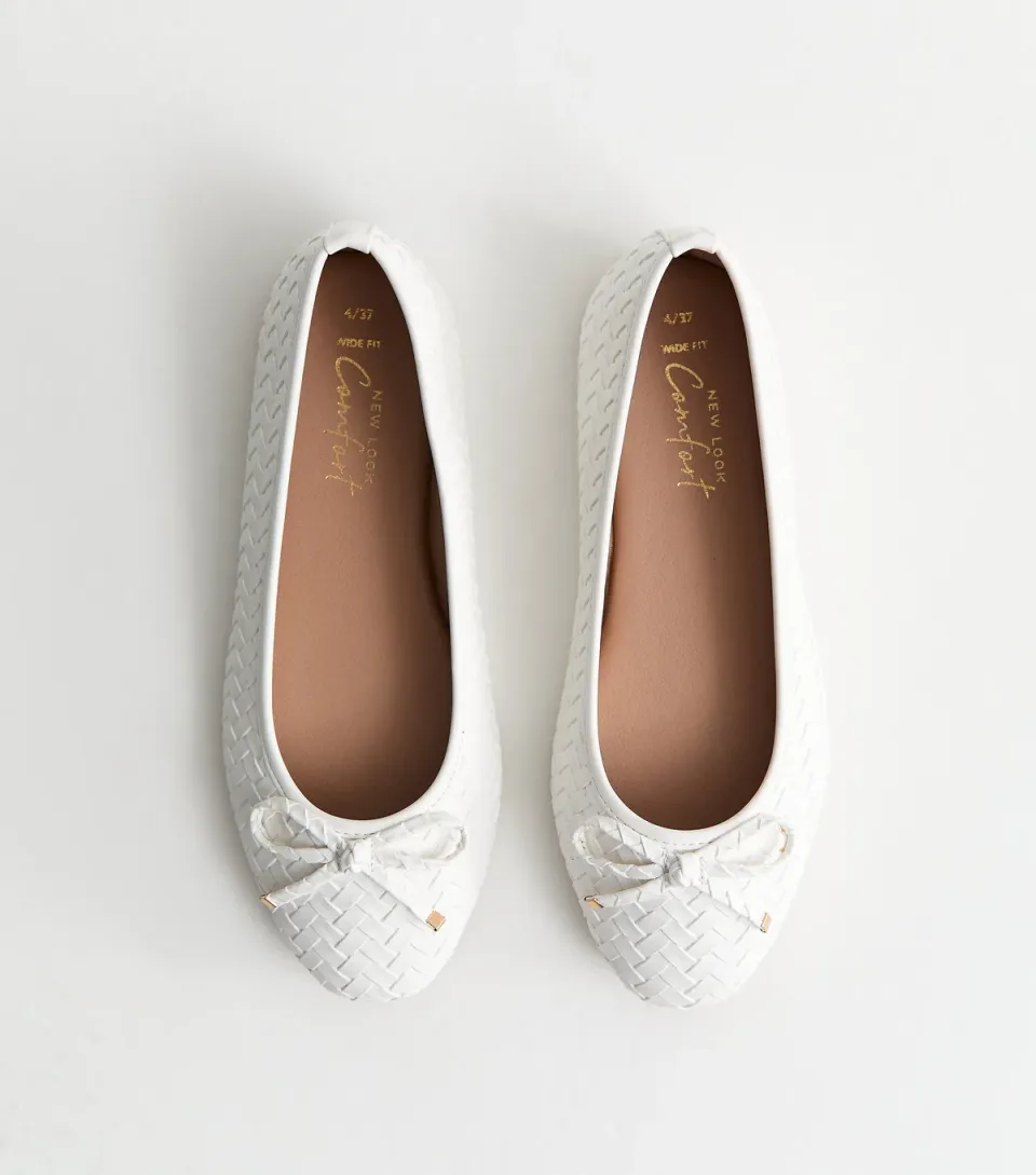 Women's Wide Fit White Faux Leather Woven Ballet Pumps Vegan