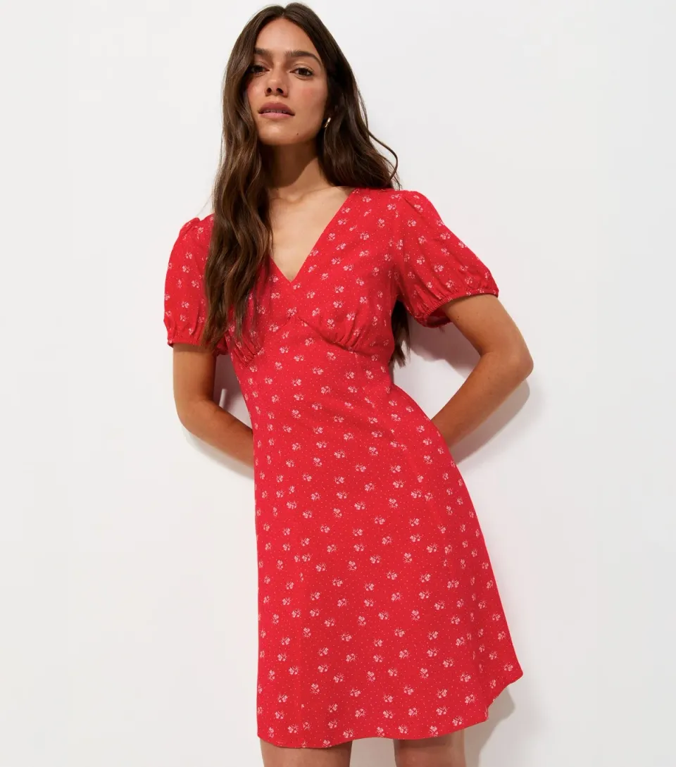 Women's Petite Red Floral Dot Print V-Neck Mini Dress