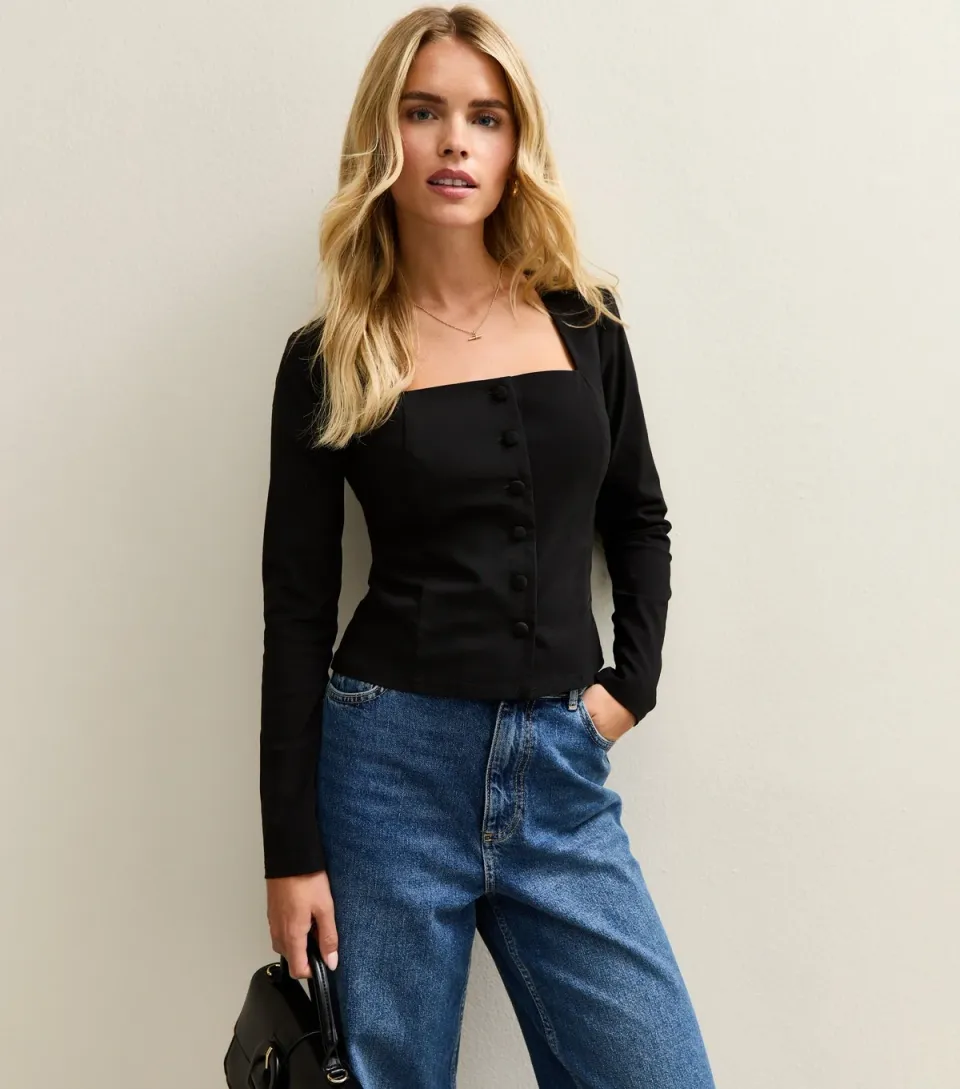 Women's Petite Black Square Neck Button Front Top