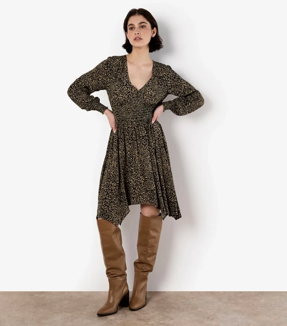 Women's Khaki Leopard Smock Hanky Hem Dress