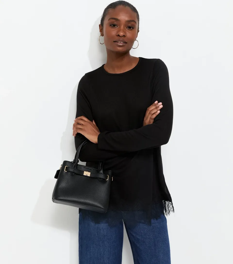 Women's Black Lace Hem Long Sleeve Top