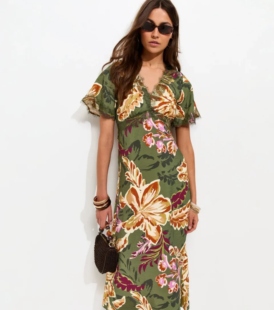 Women's Green Floral Paisley Lace Trim Midi Dress