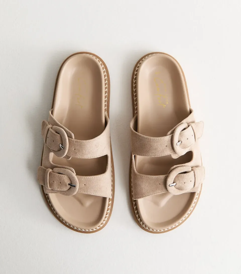 Women's Light Brown Faux Suede Double Buckled Strap Sandals Vegan