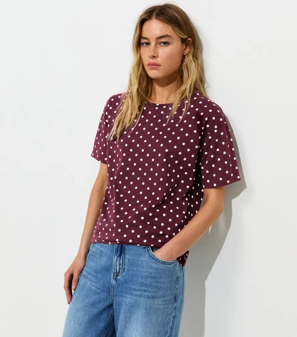 Women's Red Cotton Spot Print Easy T-Shirt