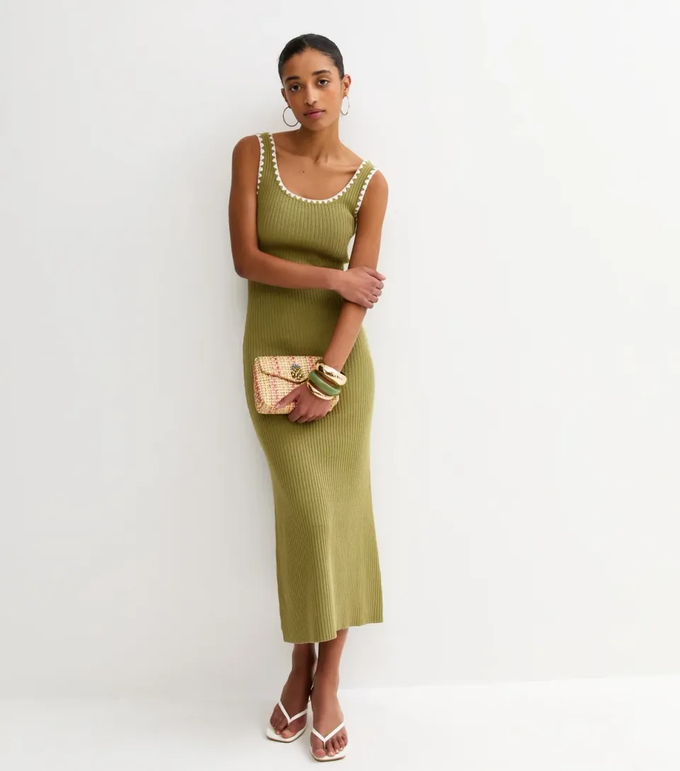 Women's Khaki Ribbed Knit Tipped Maxi Dress