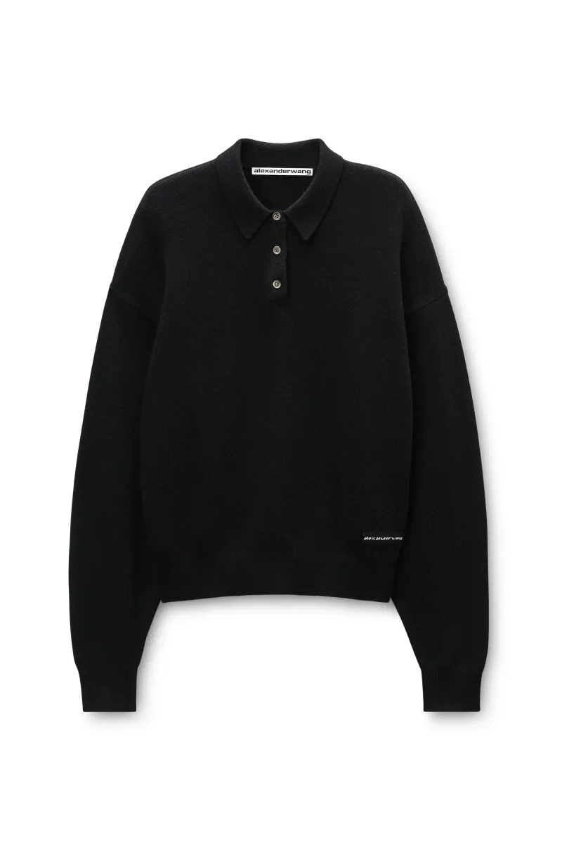 Black Wool-Blend Henley Pullover