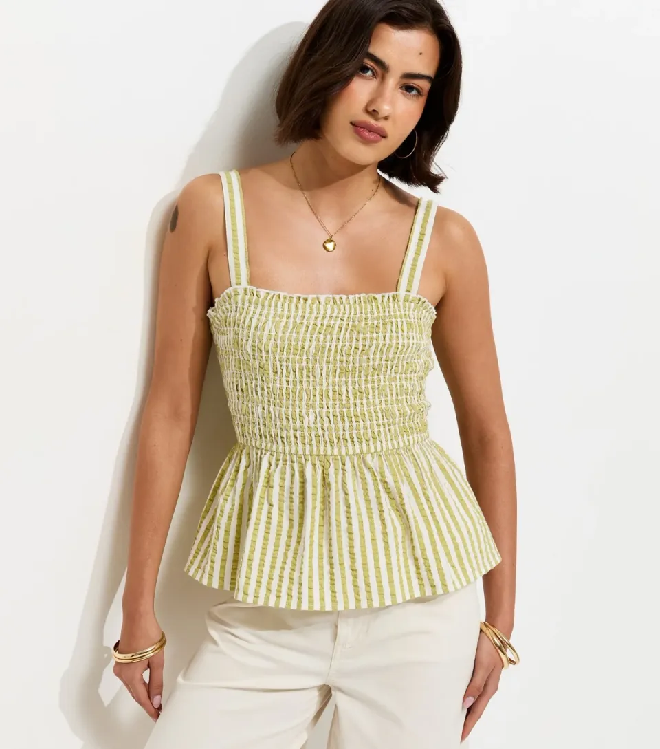 Women's Green Cotton Striped Seersucker Shirred Cami Top