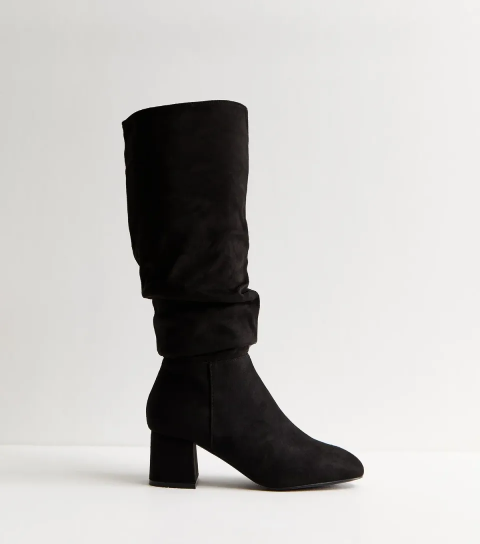 Women's Black Faux Suede Ruched Knee High Boots Vegan