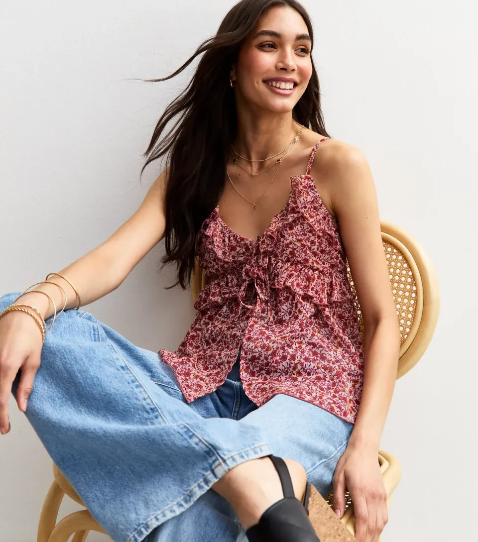 Women's Pink Ditsy Print Frill Trim Cami Top
