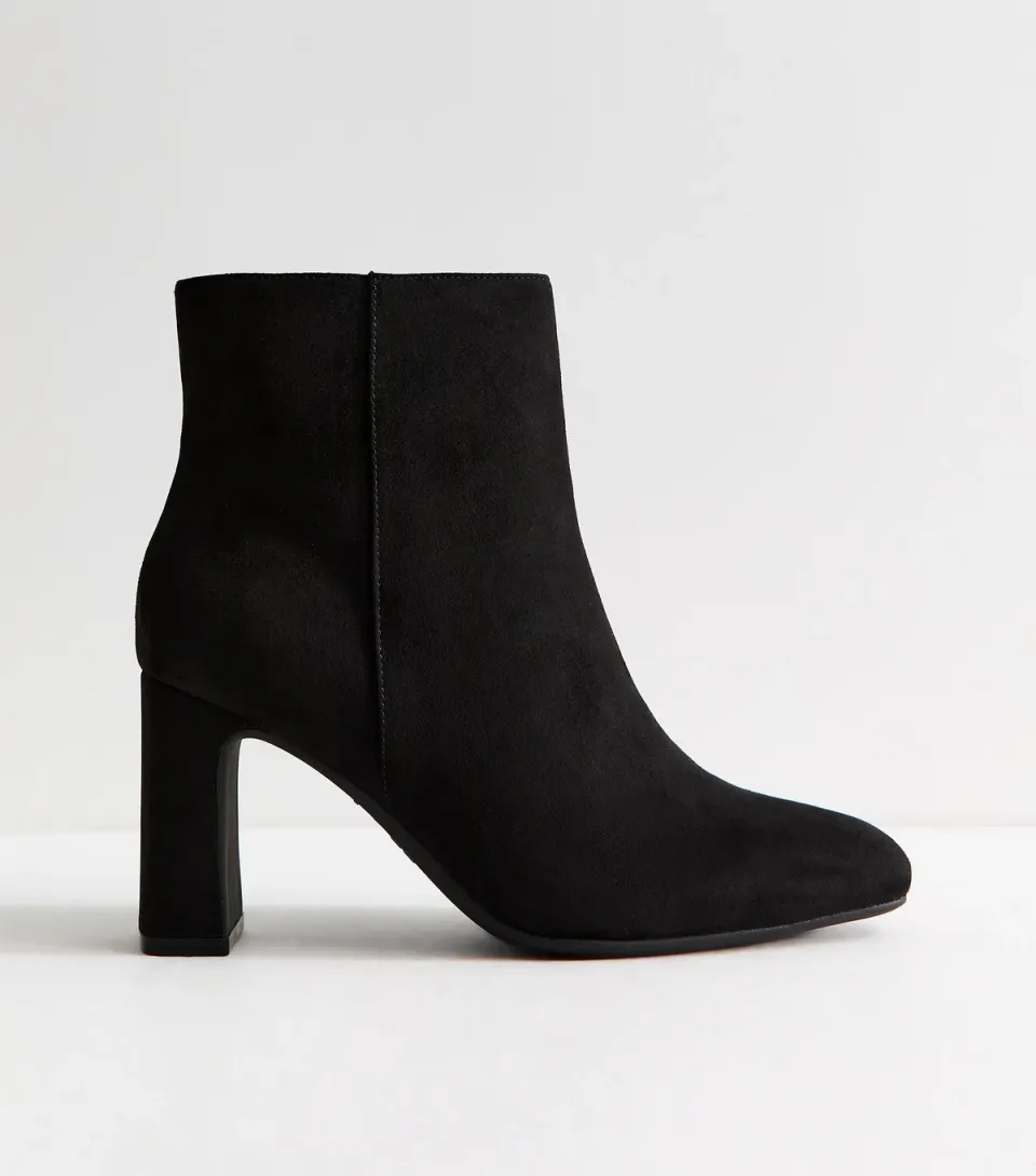 Women's Wide Fit Black Faux Suede High Block Heel Ankle Boots Vegan