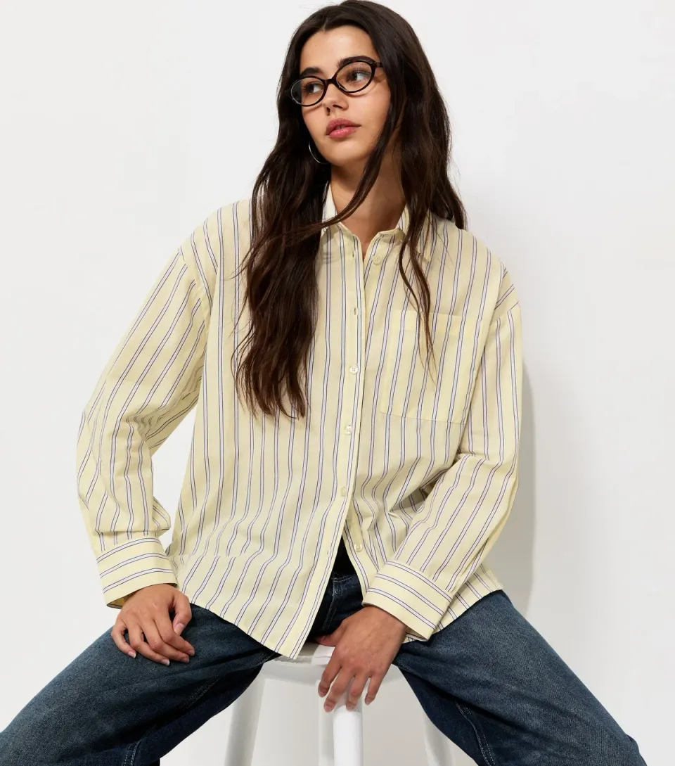 Women's Yellow Cotton Striped Oversized Shirt