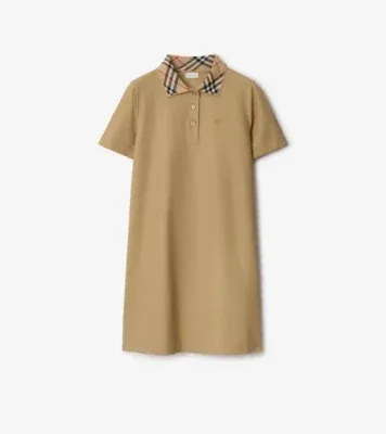 Check Collar Cotton Polo Shirt Dress in Flax beige