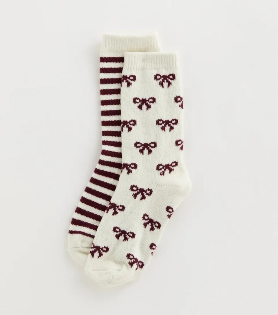Cream Striped and Bow Patterned Lounge Socks