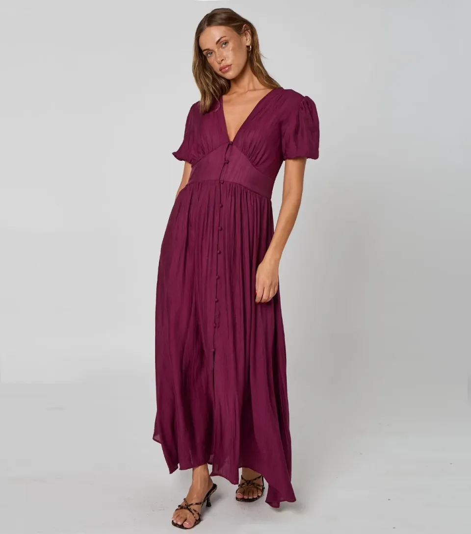 Women's Burgundy Button Front Maxi Dress