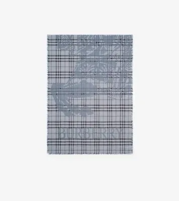 Wide Knight Check Wool Silk Scarf in Bank blue