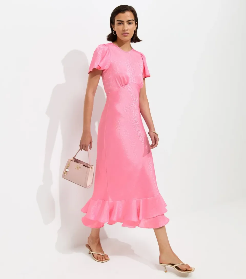 Women's Pale Pink Satin Ruffled Hem Midi Dress