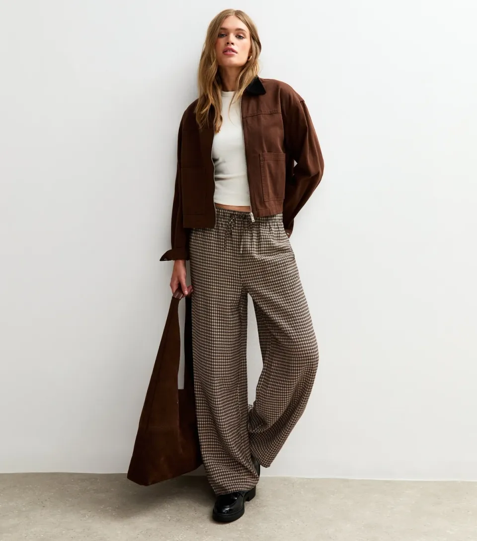 Women's Brown Checked Wide Leg Trousers