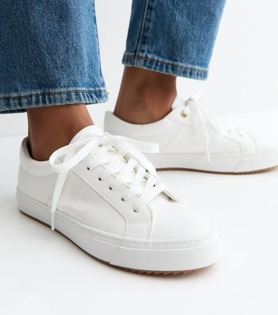 Women's White Faux Leather Croc Embossed Trainers Vegan