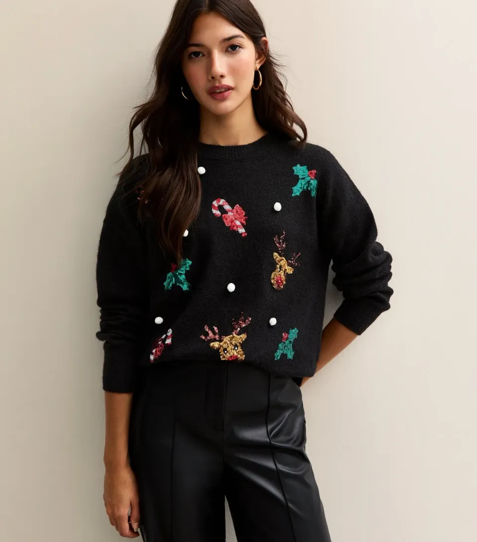 Women's Black Christmas Sequin Appliqué Christmas Jumper